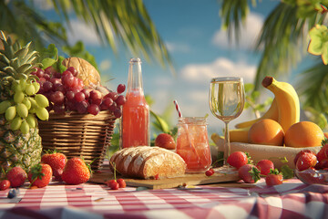 Fresh fruits and drinks on a picnic table with colorful cloth under a blue sky