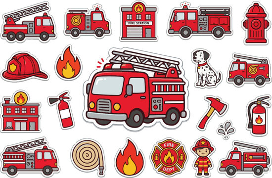 Cute Red Fire Truck Vector Sticker. Cartoon fire engine with ladder and siren isolated.