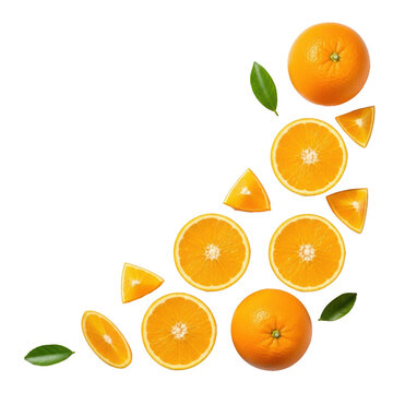 Vibrant, juicy oranges, whole, halved, and sliced, with optional green leaves, arranged flat lay on a pristine matte white studio background with soft lighting, concept for healthy product promotion