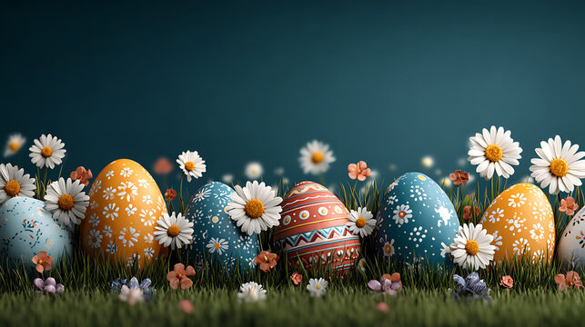 Dreamy Night Scene Easter Grass Background with Glowing Eggs and Daisies with Dark Blue Sky Copy Space for Event Invitation Desktop Wallpaper and Holiday Party Flyer Design

