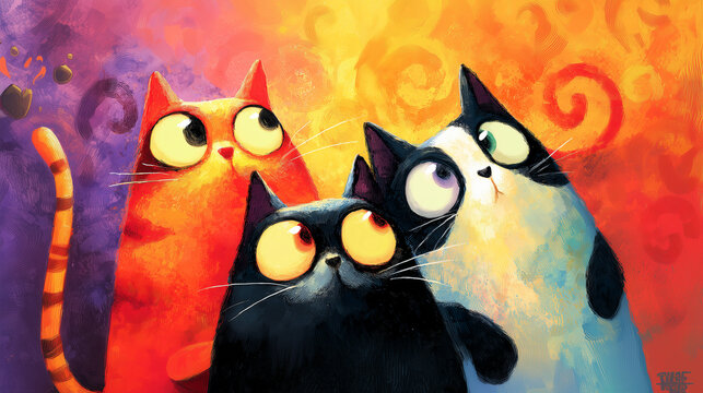Colorful digital painting of four wide-eyed cartoon cats staring upward on vibrant abstract background