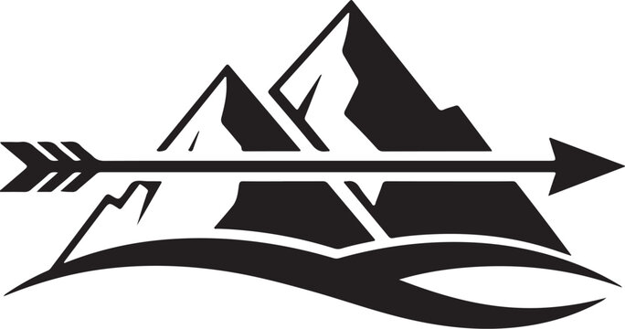 Black mountain range logo, arrow piercing peaks, outdoor adventure symbol, vector emblem
