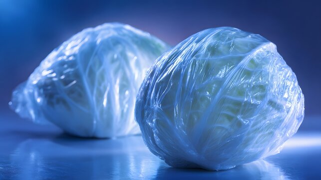 Two fresh cabbages wrapped in plastic on a blue background.