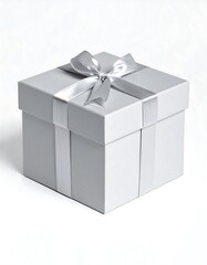 Fototapeta premium Minimalist Square gift box, white with silver ribbon, sits isolated on a plain white background