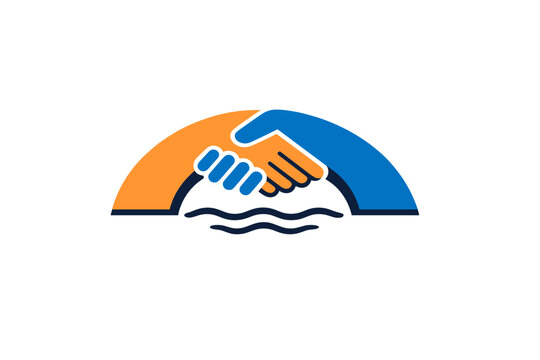 Bridge formed by hands shaking over water waves, partnership concept