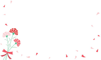 リボンで束ねられたカーネーションの花束と花びらが舞うフレーム