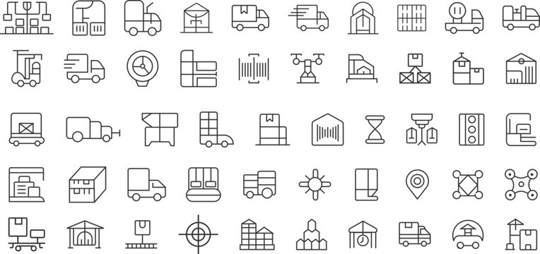 Modern logistics, delivery, and supply chain concepts presented in clean line-style icons suitable for web, app, and business use.