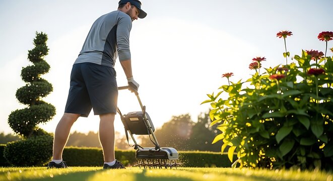 A man diligently aerating a lush green garden lawn during the golden hour. Essential lawn care for healthy grass in a beautiful outdoor setting with flowers and topiaries.