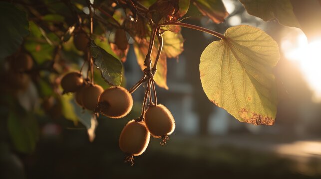 Close-up shot of kiwi fruits hanging from a tree branch with sunlight in the background.