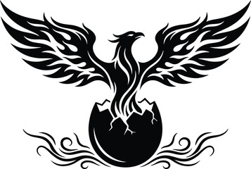 Fototapeta premium A silhouette phoenix rising from cracked egg with flames