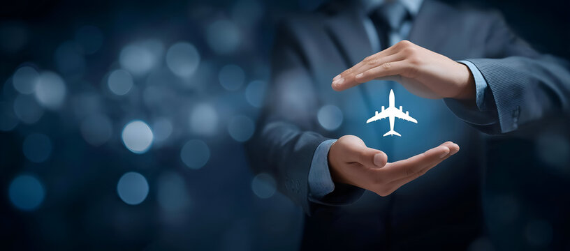 A business professional holding a digital airplane symbol, representing innovation and travel in the aviation industry.