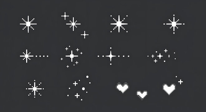 A collection of white pixelated graphics on a dark gray background.