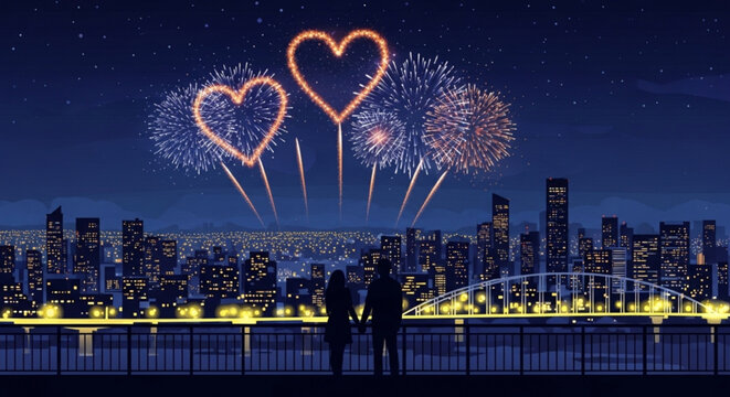 Couple standing together watching heart shaped fireworks display over city skyline at night with illuminated buildings and bridge