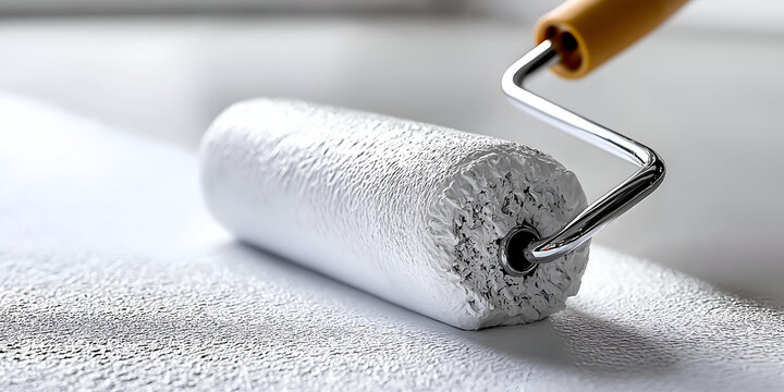 A close-up image of a paint roller applying a fresh coat of white paint on a textured surface, showcasing detail and precision.