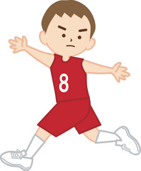 バスケットボールの試合で走りながらディフェンスをする男の子