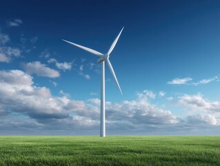 Fototapeta premium Wind turbine on green field against cloudy sky