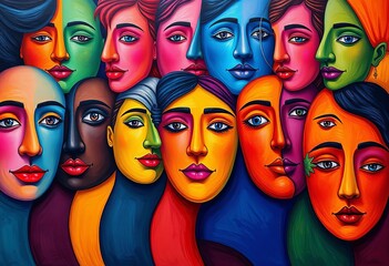 Obraz premium Abstract colorful faces, diverse expressions in vibrant hues, artwork, texture