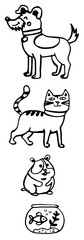 Obraz premium Original hand-drawn pets illustration set: dog, cat, hamster, and goldfish in a bowl. Clean black line art on white background.