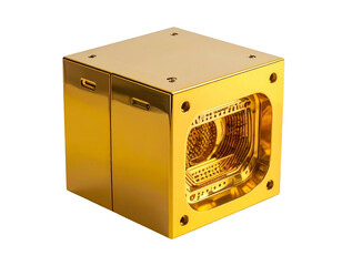 Obraz premium Gleaming golden cube, showcasing intricate internal components and design