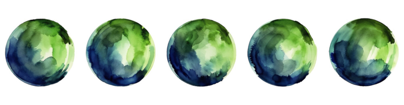 Set farbige Aquarell Kreise. Abstrakte, runde Vektor Aquarelle als Welt. Bunte Kreise als  Hintergrund Banner mit blauer und gr&uuml;ner Tinte f&uuml;r Umwelt Konzepte.