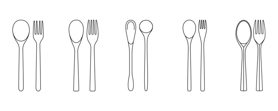 Collection set of wooden kitchenware tablespoon various vector shapes, Outline vector illustrations isolated on white background Shapes for laser cutting and anymore
