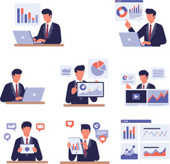Professional businessman working with financial data charts infographics laptop and digital marketing analytics icons in modern flat vector illustration style isolated on white background