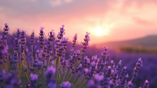 Lavender Field In Full Bloom Under A Soft Pink And Purple Sunset Sky With Vibrant Flowers