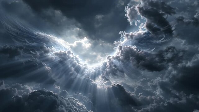 Ethereal Angel Wings Emerging from Heavenly Clouds with Radiant Light and Dramatic Sky Scene