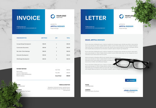 Blue And Black Invoice And Letterhead