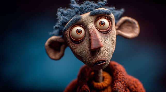 Surprised cartoon character with textured skin and exaggerated features, 3D stop-motion style portrait