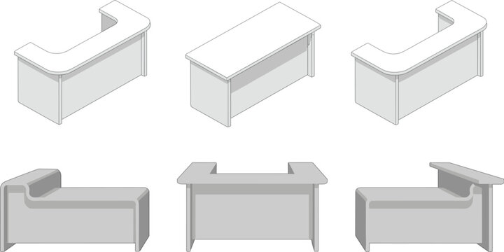 Professional modern office furniture vector set featuring various minimalist reception desks, workstation counters, and corporate lobby furniture for commercial design projects