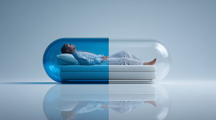 Conceptual image of man sleeping inside a capsule-shaped bed, symbolizing sleep aid or medication