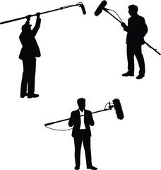Professional sound engineer silhouettes set holding boom microphones for film production cinema and media audio recording industry staff © MDRONI