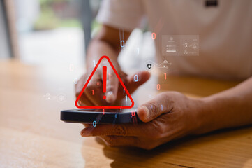 Senior elderly man using smartphone with warning triangle sign and icons in internet network...
