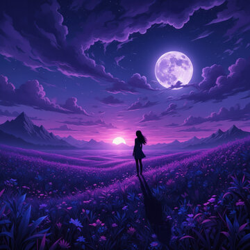 Silhueta de mulher solitria num campo ao entardecer sob cu dramtico e lua cheia Esttica surreal em tons de roxo e azul