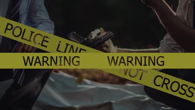 Crime scene do not cross police tape. Police Line Tape With forensic expert collecting evidence at site. Crime scene investigation in progress.