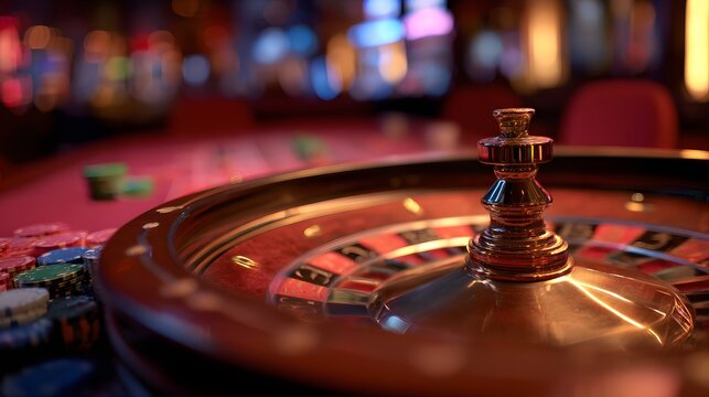 Close-up of a roulette wheel in a vibrant casino setting, with blurred lights in the background.