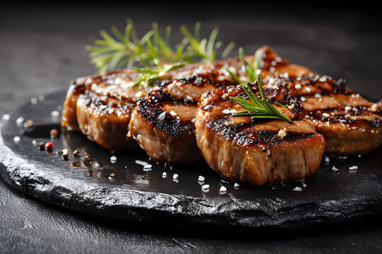 Grilled meat served on a black stone plate with herbs and seasoning in a kitchen setting