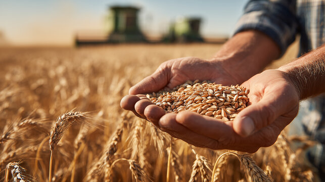 Close-up of farmer holding wheat grains in hands during harvest with golden wheat field and combine harvesters in background