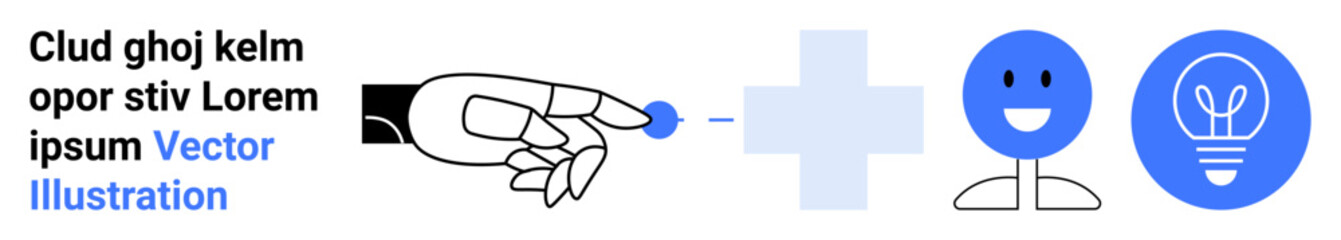 Digital transformation, innovation, creativity, human interaction, user engagement, problem-solving. Hand pointing to icon sequence including happy face and lightbulb. Innovation and creativity © robu_s