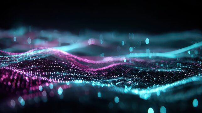 Abstract Wavy Landscape with Purple and Blue Glowing Particles on a Dark Background