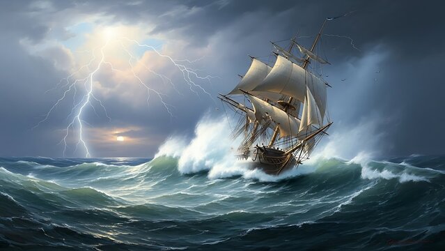 ship sailing through stormy sea with lightning in background