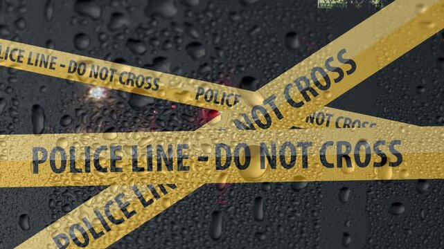 Police Barricade Crime Tape With Water Drops Background. Police Line Tape with Blurred Red and  Blue Police Sirens.