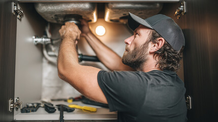 Plumber repairing kitchen sink drain under cabinet with tools and focused expression