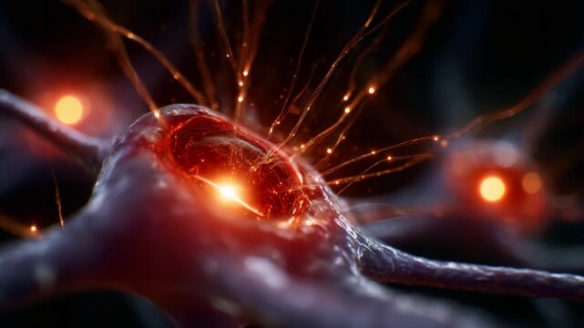 Mesmerizing close-up of a neuron displaying vibrant energy and synaptic activity, highlighting the intricate connections and dynamic processes of neural communication.