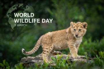 Obraz premium World wildlife day 3 march greeting card with cute lion cub in nature background