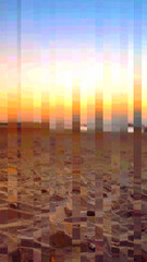 warm dusk palette with golden bronze, muted apricot, and hazy sunset rose formed as vertical