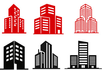 Building flat icons Set.  Red and black City, Architecture building vectors. City skyscraper, downtown. Apartment silhouette isolated on white background.