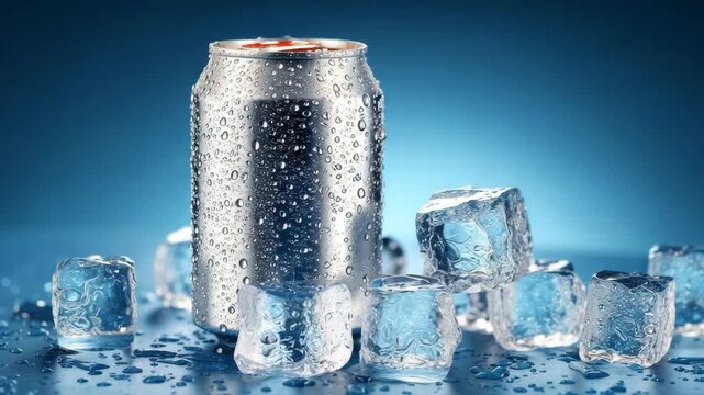 Cold soda can with ice cubes on blue background with water droplets
