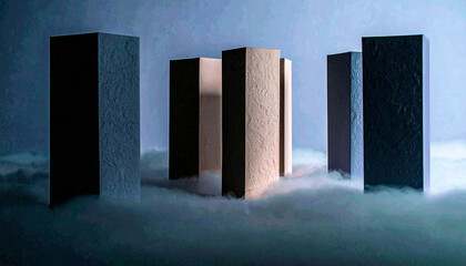 foggy pastels including mist grey, cloud peach, and pale lavender arranged as vertical